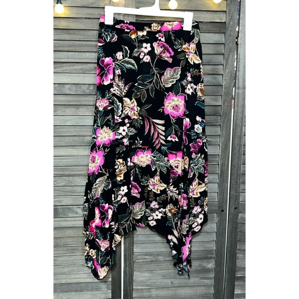 Jessica Simpson Floral Asymmetrical Midi Skirt Black Pink NWT Large - Picture 3 of 6